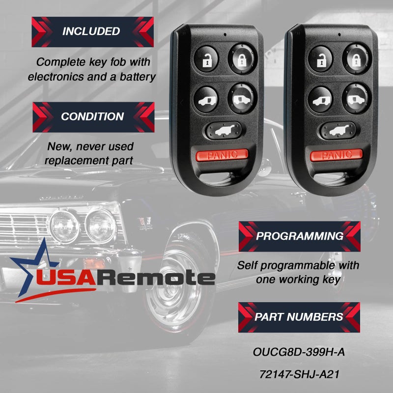 USARemote Key Fob Keyless Entry Remote fits Honda Odyssey 2005 2006 2007 2008 2009 2010 (OUCG8D-399H-A 6-btn), Set of 2 - Image 3
